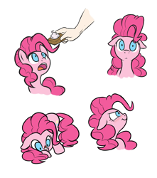Size: 1280x1446 | Tagged: safe, artist:mostazathy, pinkie pie, earth pony, pony, blushing, cute, diapinkes, disembodied arm, disembodied hand, female, floppy ears, frown, glare, hand, looking at you, mare, open mouth, simple background, white background