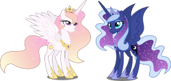 Size: 4187x2000 | Tagged: safe, artist:xebck, princess celestia, princess luna, alicorn, pony, absurd resolution, alternate design, alternate hair color, alternate hairstyle, duo, ethereal mane, eyeshadow, female, makeup, mare, royal sisters, simple background, sisters, spread wings, starry mane, transparent background, vector, wings