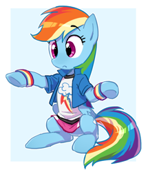 Size: 518x603 | Tagged: dead source, safe, artist:baekgup, derpibooru import, rainbow dash, pegasus, pony, butt wings, clothes, cute, cutie mark on clothes, dashabetes, equestria girls outfit, eyebrows visible through hair, folded wings, ponified, ponified humanized pony, rainbow dash always dresses in style, sitting, skirt, solo, sweatband, wings