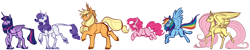 Size: 4000x800 | Tagged: safe, artist:fastserve, derpibooru import, applejack, fluttershy, pinkie pie, rainbow dash, rarity, twilight sparkle, twilight sparkle (alicorn), alicorn, classical unicorn, earth pony, pegasus, pony, unicorn, cloven hooves, female, leonine tail, long mane, mane six, mare, simple background, size difference, unshorn fetlocks, white background