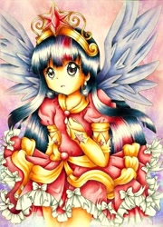 Size: 410x570 | Tagged: safe, artist:autumn rush, derpibooru import, twilight sparkle, twilight sparkle (alicorn), alicorn, human, big crown thingy, clothes, dress, ear piercing, earring, element of magic, female, frilly dress, humanized, jewelry, light skin, piercing, solo, tiara, winged humanization, wings