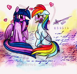 Size: 1200x1150 | Tagged: safe, artist:shikimaakemi, derpibooru import, rainbow dash, twilight sparkle, twilight sparkle (alicorn), alicorn, pegasus, pony, blushing, female, flower, heart, lesbian, mare, obtrusive watermark, shipping, story included, twidash, violet (flower), watermark