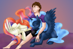 Size: 1037x693 | Tagged: safe, artist:amber flicker, princess celestia, princess luna, human, cuddling, queen celestia, queen luna, sleeping, snuggling, techdragon