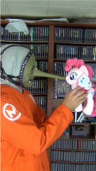 Size: 597x1059 | Tagged: safe, pinkie pie, human, boop, chris fehn, game collection, halloween, irl human, maggot, nintendo, nintendo entertainment system, noseboop, plushie, slipknot