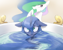 Size: 1280x1024 | Tagged: safe, artist:30clock, princess celestia, princess luna, alicorn, pony, bath, bathtub, cute, female, floppy ears, laughing, mare, open mouth, raised hoof, royal sisters, water, wet, wet mane, wide eyes