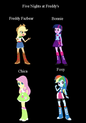 Size: 449x643 | Tagged: safe, derpibooru import, applejack, fluttershy, rainbow dash, twilight sparkle, equestria girls, applefreddy, five nights at aj's, five nights at freddy's, flutterchica, rainbow foxy, twibon