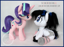 Size: 2300x1686 | Tagged: safe, artist:lioncubcreations, starlight glimmer, oc, oc:moon shine, alcohol, canon x oc, couple, cute, female, irl, mare, moonshine, photo, plushie, sitting