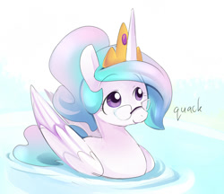 Size: 750x647 | Tagged: safe, artist:ende26, princess celestia, alicorn, duck, duck pony, pony, alternate hairstyle, behaving like a bird, cute, cutelestia, ducklestia, ende will be the end of us, female, glasses, mare, quack, smiling, solo, swanlestia