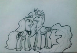 Size: 640x449 | Tagged: safe, artist:ljdamz1119, princess celestia, princess luna, alicorn, pony, monochrome, sisters, traditional art