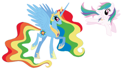 Size: 1024x623 | Tagged: safe, artist:selenaede, artist:the-plural-of-moose, princess celestia, rainbow dash, alicorn, pegasus, pony, age swap, alicornified, duo, ethereal mane, female, mare, palette swap, pegasus celestia, race swap, rainbowcorn, role reversal, simple background, white background