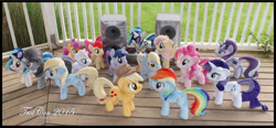 Size: 1600x743 | Tagged: safe, artist:peruserofpieces, apple bloom, applejack, derpy hooves, dj pon-3, fluttershy, octavia melody, pinkie pie, rainbow dash, rarity, scootaloo, starlight glimmer, sweetie belle, twilight sparkle, twilight sparkle (alicorn), vinyl scratch, alicorn, earth pony, pegasus, pony, unicorn, accessories, accessory, bedroom eyes, cutie mark crusaders, equal cutie mark, evil starlight, female, filly, folded wings, group shot, happy, horn, irl, lidded eyes, mane six, mare, photo, plushie, profile, promotional art, record, record player, s5 starlight, self ponidox, smiling, smirk, smug, speakers, spread wings, stereo, sunglasses, toy, trotcon, trotcon 2015, turntable, wings