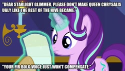 Size: 889x500 | Tagged: safe, edit, edited screencap, screencap, starlight glimmer, pony, unicorn, to where and back again, caption, image macro, letter, solo, text