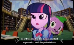 Size: 494x306 | Tagged: safe, derpibooru import, screencap, spike, twilight sparkle, equestria girls, meme, palestine, youtube caption