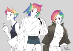 Size: 1280x899 | Tagged: safe, artist:dusty-munji, derpibooru import, rainbow dash, human, alternate hairstyle, clothes, female, humanized, jacket, simple background, sketch, smiling