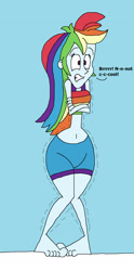 Size: 955x1929 | Tagged: safe, artist:hunterxcolleen, derpibooru import, rainbow dash, equestria girls, belly button, bikini, bikini top, clothes, cold, feet, freezing, freezing fetish, humanized, shivering, shorts, snow, swimsuit, talking