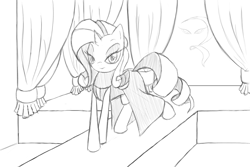 Size: 1536x1024 | Tagged: safe, artist:facelessguru, rarity, pony, unicorn, clothes, dress, monochrome, runway, solo