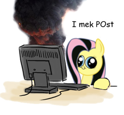 Size: 362x336 | Tagged: safe, artist:king-kakapo, artist:pureinsanity, edit, fluttershy, pegasus, pony, :t, computer, derp, emoshy, female, hey you, i mek post, implied russian, keyboard, mare, meme, on fire, reaction image, simple background, smiling, smoke, white background