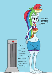 Size: 1369x1996 | Tagged: safe, artist:hunterxcolleen, derpibooru import, rainbow dash, equestria girls, belly button, bikini, bikini top, clothes, feet, heat, heater, humanized, shorts, snow, swimsuit, talking, warmth