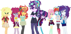 Size: 1280x619 | Tagged: safe, artist:bezziie, applejack, fluttershy, pinkie pie, rainbow dash, rarity, starlight glimmer, sunset shimmer, twilight sparkle, equestria girls, mirror magic, spoiler:eqg specials, base used, looking at you