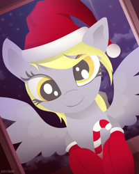 Size: 2503x3135 | Tagged: safe, artist:pedrohander, derpy hooves, pegasus, pony, candy, candy cane, christmas, clothes, cute, food, hat, hearth's warming eve, holiday, santa hat, socks, solo