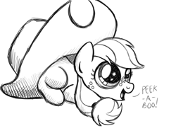 Size: 2000x1500 | Tagged: safe, artist:drawponies, applejack, earth pony, pony, apple, cute, filly, hat, jackabetes, monochrome, peekaboo, sketch, solo