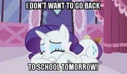 Size: 441x258 | Tagged: safe, rarity, pony, unicorn, back to school, crying, image macro, meme, september, solo, united states