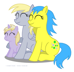 Size: 1425x1377 | Tagged: safe, artist:lonewolf3878, bubbles (g1), derpy hooves, dinky hooves, earth pony, pegasus, pony, unicorn, g1, cute, eyes closed, foal, g1 to g4, generation leap, simple background, smiling, white background