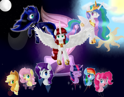 Size: 2500x1950 | Tagged: safe, artist:alexander56910, applejack, fluttershy, pinkie pie, princess celestia, princess luna, rainbow dash, rarity, twilight sparkle, oc, oc:fausticorn, alicorn, earth pony, pegasus, pony, unicorn, chest fluff, cutie mark, lauren faust, mane six