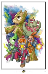 Size: 800x1236 | Tagged: safe, artist:agnesgarbowska, angel bunny, bulk biceps, fluttershy, pegasus, pony, comikazie expo 2014, drax the destroyer, gamora, groot, guardians of the galaxy, peter quill, rocket raccoon, starlord