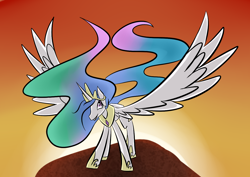 Size: 1200x850 | Tagged: safe, artist:lunar-march, princess celestia, alicorn, pony, crown, female, horn, mare, multicolored mane, multicolored tail, solo, white coat, white wings, wings