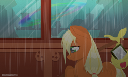 Size: 2000x1214 | Tagged: safe, artist:blindcoyote, applejack, earth pony, pony, bindle, filly, kallisti, rain, solo, wet mane