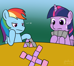 Size: 1000x892 | Tagged: safe, artist:phallen1, derpibooru import, rainbow dash, twilight sparkle, twilight sparkle (alicorn), alicorn, pegasus, pony, 30 minute art challenge, bored, female, house of cards, mare, playing card, sweat, twilight sparkle's secret shipfic folder