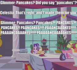 Size: 460x420 | Tagged: safe, edit, edited screencap, screencap, princess celestia, starlight glimmer, alicorn, pony, a royal problem, american dad, caption, cropped, dialogue, excessive exclamation marks, food, impact font, needs more jpeg, pancakes, puffy cheeks, solo, spongebob squarepants, text, tl;dr