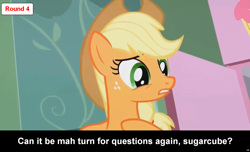 Size: 1600x973 | Tagged: safe, applejack, earth pony, pony, comic:celestia's servant interview, caption, cs captions, female, interview, mare, meta, solo