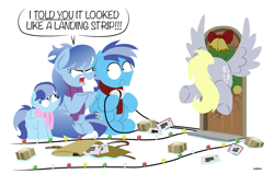 Size: 842x535 | Tagged: safe, artist:bobthedalek, derpy hooves, oc, oc:hard cyder, pegasus, pony, angry, bubble butt, christmas wreath, clothes, crash, door, hearth's warming eve, letter, mail, mailbag, mailmare, scarf, simple background, vector, white background, wreath