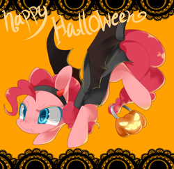 Size: 1024x995 | Tagged: safe, artist:ard747, pinkie pie, earth pony, pony, candy, clothes, costume, fake horn, fake wings, nightmare night, pixiv, solo