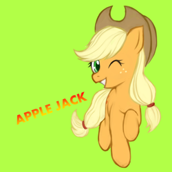 Size: 1024x1024 | Tagged: safe, artist:nolilty, applejack, earth pony, pony, one eye closed, pixiv, running, simple background, solo