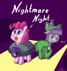 Size: 1700x1800 | Tagged: safe, artist:osakaoji, boulder (pet), gummy, maud pie, pinkie pie, earth pony, pony, ..., blushing, clothes, colored pupils, costume, cute, dialogue, diapinkes, maudabetes, nightmare night, open mouth, rock