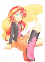 Size: 1386x1891 | Tagged: safe, artist:tyantyai_mokka, sunset shimmer, equestria girls, boots, clothes, crossed legs, female, high heel boots, jacket, leather, leather jacket, marker drawing, shoes, skirt, solo, traditional art