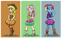 Size: 1280x800 | Tagged: source needed, useless source url, safe, artist:gabbslines, derpibooru import, applejack, fluttershy, rainbow dash, equestria girls, friendship through the ages, country applejack, feet, folk fluttershy, rainbow punk, sandals, sleeveless