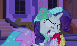 Size: 874x526 | Tagged: safe, screencap, rarity, pony, unicorn, a canterlot wedding, bouquet, bridesmaid dress, clothes, dress, greedity, gritted teeth, mine!, rarisnap, shrunken pupils, solo