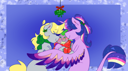 Size: 4024x2250 | Tagged: safe, artist:cubbybatdoodles, derpy hooves, spike, twilight sparkle, twilight sparkle (alicorn), alicorn, dragon, pegasus, pony, derpyspike, eyes closed, female, leonine tail, lesbian, lesbian in front of boys, male, mare, mistletoe, shipping, smiling, spikelove, spread wings, trio, twerpy, twerpyspike, wings