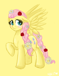 Size: 900x1160 | Tagged: safe, artist:naomiknight17, fluttershy, pegasus, pony, alternate hairstyle, blushing, flower, solo