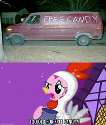 Size: 494x586 | Tagged: safe, edit, edited screencap, screencap, pinkie pie, pony, luna eclipsed, animal costume, chicken pie, chicken suit, clothes, costume, ford, ford econoline, image macro, meme, rape van