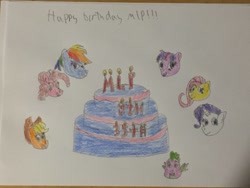 Size: 1024x768 | Tagged: safe, artist:jwwprod, derpibooru import, applejack, fluttershy, pinkie pie, rainbow dash, rarity, spike, twilight sparkle, dragon, earth pony, pegasus, pony, unicorn, 35th anniversary, anniversary, cake, candle, food, happy birthday mlp:fim, mane six, mlp fim's eighth anniversary, traditional art