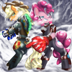 Size: 1224x1224 | Tagged: safe, artist:wonton soup, applejack, pinkie pie, earth pony, pony, dead space, dead space 3, dock, foam finger, handgun, pixiv, snow, snowfall, tau volantis