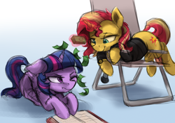 Size: 3600x2550 | Tagged: safe, artist:vanillaghosties, sunset shimmer, twilight sparkle, twilight sparkle (alicorn), alicorn, pony, annoyed, atg 2018, book, chair, clothes, cutie mark, female, glowing horn, high res, jacket, magic, making it rain, mare, microphone, money, newbie artist training grounds, reading, telekinesis, twilight is not amused, unamused, watch