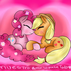 Size: 1024x1024 | Tagged: safe, artist:reginatheraccoonfox, applejack, pinkie pie, earth pony, pony, applepie, female, lesbian, shipping, spanish, translated in the comments