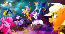 Size: 4724x2480 | Tagged: safe, artist:dormin-dim, applejack, fluttershy, pinkie pie, princess celestia, rainbow dash, rarity, twilight sparkle, twilight sparkle (alicorn), oc, oc:madame banane, alicorn, pony, alicornified, banana, bananalestia, cute, diapinkes, fight, food, looking at you, mane six, photobomb, race swap