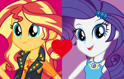 Size: 868x554 | Tagged: safe, artist:3d4d, rarity, sunset shimmer, better together, equestria girls, clothes, female, geode of empathy, geode of shielding, heart, lesbian, open mouth, shipping, shipping domino, smiling, sunsarity